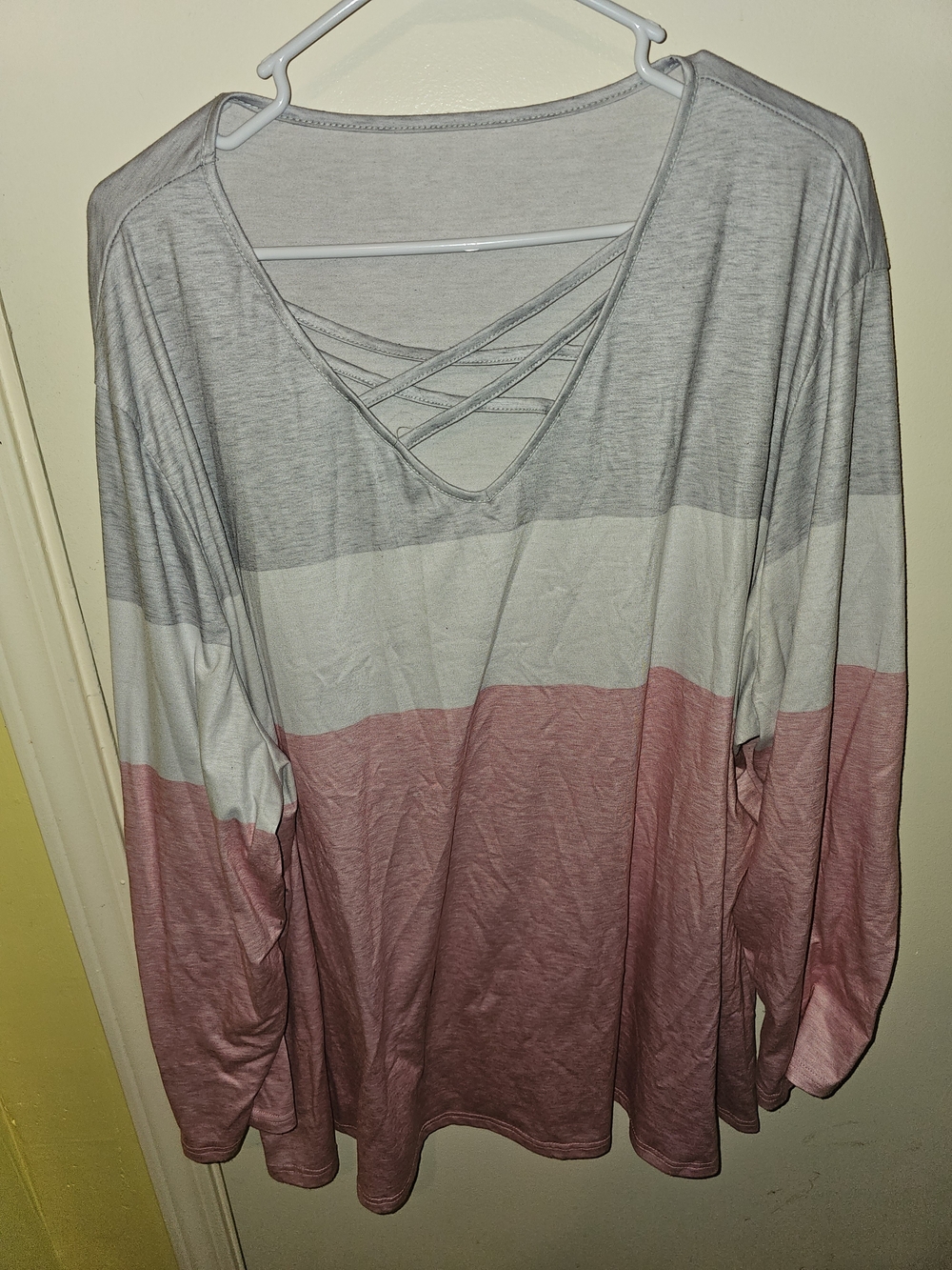 Women’s Striped Crisscross Long-Sleeve Top in Pink and Gray